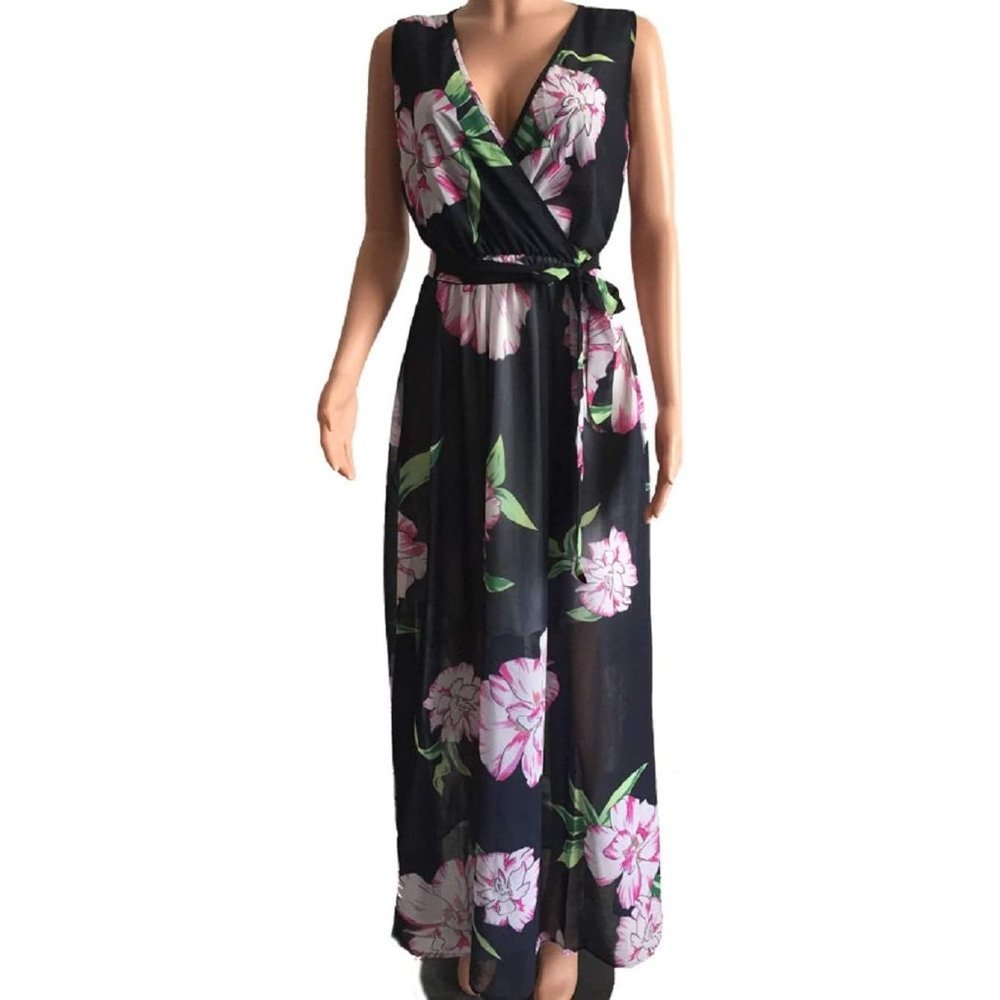 Women's Black And Pink Chiffon Deep V-Neck  Sleeveless Maxi Dress